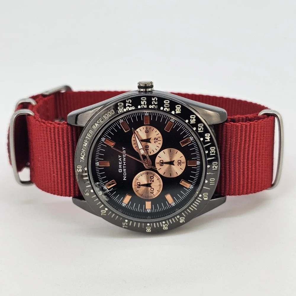 Great Northwest Men's Watch 42MM Black‎ Dial New Red Nylon Band New Battery